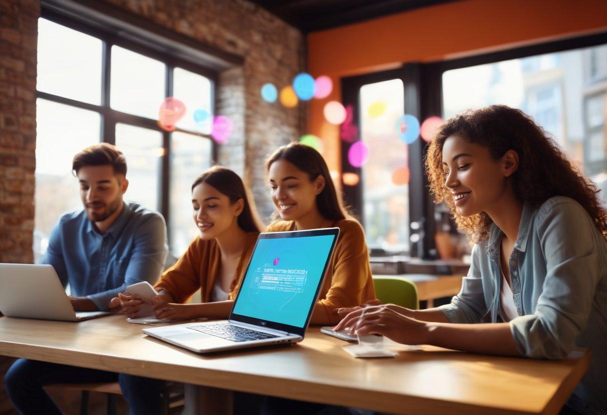 A dynamic scene of a diverse group of individuals passionately typing on laptops in an inviting café setting, with colorful thought bubbles containing words like 'authenticity', 'expression', and 'connectivity'. Bright sunlight beams through the window, highlighting their focused expressions. Include elements of digital interface screens in the background, emphasizing the digital age theme. soft focus background. vibrant colors. super-realistic.