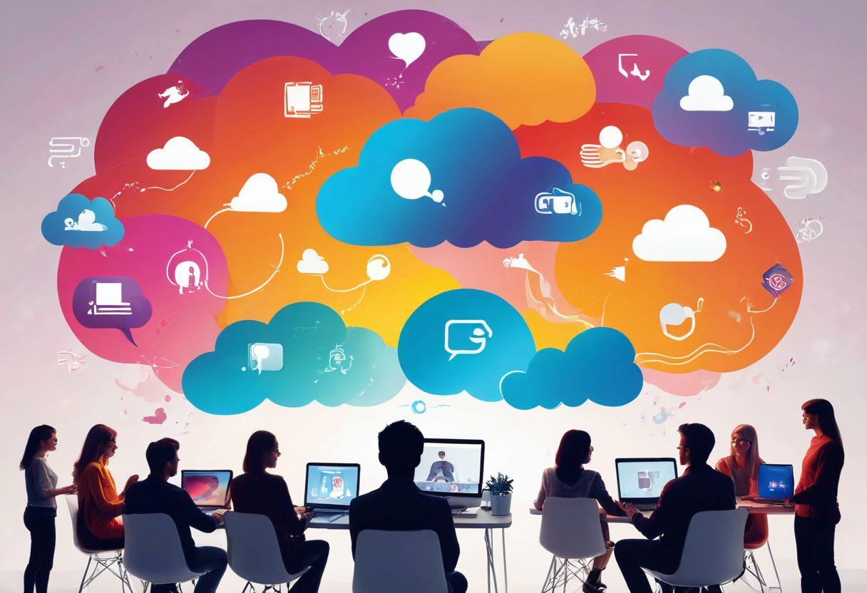 A creative assembly of a thought bubble transforming into a vibrant stream of digital content like articles and videos, seamlessly flowing towards a diverse group of people engaging with it, representing different cultures and backgrounds. Include elements like laptops, mobile devices, and social media icons. The background should be a gradient sunrise symbolizing new ideas and beginnings. super-realistic. vibrant colors. white background.