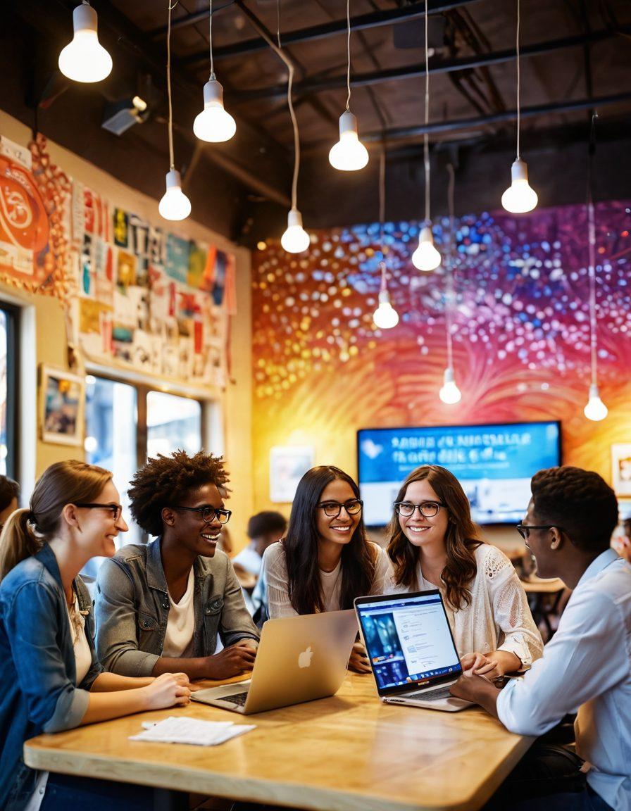 A vibrant, interconnected web of diverse individuals engaging in conversation, sharing ideas, and collaborating over laptops in a lively café setting. The background features colorful posters of various blogs and community events, symbolizing inspiration and unity. Ethereal light beams connect the people, representing the digital bond of the blogosphere. super-realistic. vibrant colors. soft bokeh background.